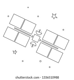 Vector illustration colorbook about cosmos for kids with linear satellite flyind in sky with stars isolated on white background. Icon for learning astronomy, astrophysics science and cosmic discovery
