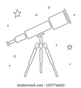 Vector illustration colorbook about cosmos for kids with linear style telescope  with stars isolated on white background. Icon for learning astronomy, astrophysics science and cosmic discovery