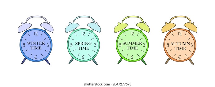 Vector illustration of colored alarm clocks for the seasons. Concept symbol design. Design for advertising on the Internet, nature, environmental protection.