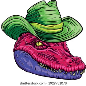 Vector illustration of colored alligator head with hat