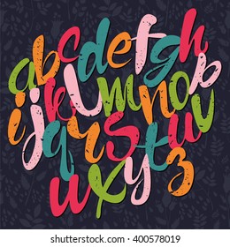vector illustration. colored alphabet beautiful lettering. capital letters. background flower.