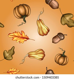 Vector illustration of a colored autumn seamless pattern of pumpkin vegetables, tree leaves, berries on the background