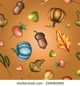 Vector illustration of a colored autumn seamless pattern of pumpkin vegetables, tree leaves, berries on the background