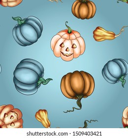 Vector illustration of a colored autumn seamless pattern of pumpkin vegetables for halloween with a horror face