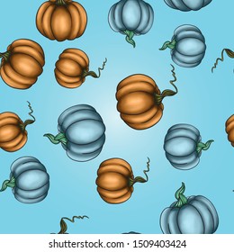 Vector illustration colored autumn seamless pattern vegetables pumpkins on the blue background