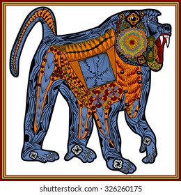 Vector illustration of the colored baboon in zentangle style