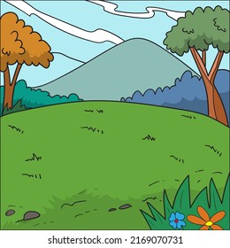 Vector illustration. colored background. forest and mountains