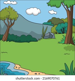 Vector illustration. colored background. forest and mountains