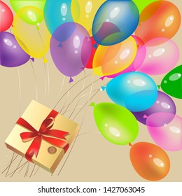 Vector illustration of colored balls on a beige background. Vector image of color balloons and gift.
