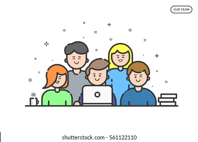 Vector illustration of colored banner in flat line style. Concept of Our Team with people for website and mobile website. Business people teamwork isolated in outline.