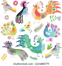 Vector illustration of colored birds. suitable for children's creations, books, design of children's goods or for children's magazines. For children's textiles pattern creation.
