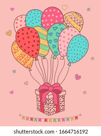 Vector illustration of a colored birthday party. Hand drawn doodle balloons and gift box. Cute greeting card concept. Gesign for web, site, advertising, banner, poster, board and print