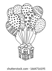 Vector illustration of a colored birthday party. Hand drawn doodle balloons and gift box. Black and white line art graphics