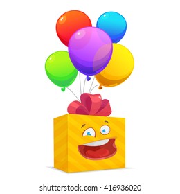 Vector illustration of a colored birthday or party balloons and funny gift box on white background