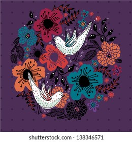 vector illustration of colored blooming flowers and white birds