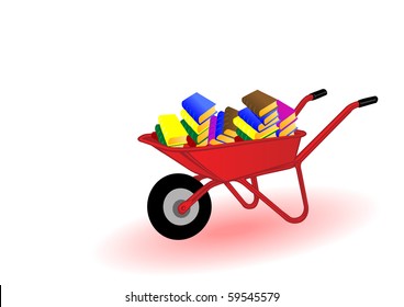 Vector illustration colored books on a red wheelbarrow.
