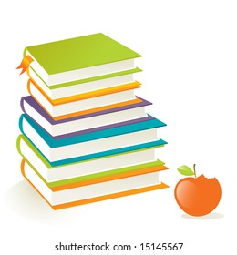 vector illustration of colored books stacked on top of each other and red apple, isolated on white background.