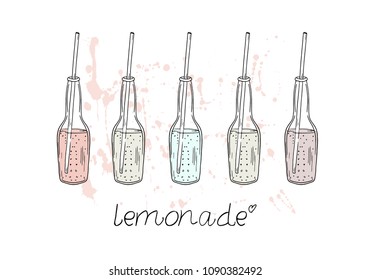 Vector illustration. Colored bottles of lemonade. Print design element. Cute vector objects.