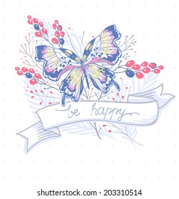 vector illustration of a colored butterfly, berries and vintage ribbon