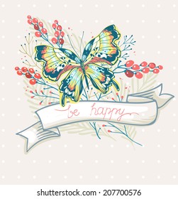 vector illustration with a colored butterfly and red berries