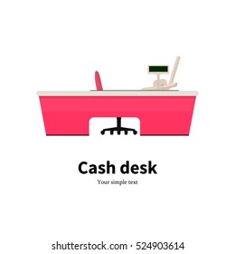 Vector illustration of colored cash desk. Icon cash register at a supermarket. Isolated on white background. Flat style. Cashbox in the store. Rack for cash. Workplace for the cashier.