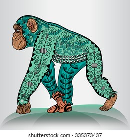 Vector illustration of the colored chimpanzee in zentangle style