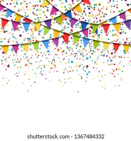 vector illustration of colored confetti and garlands on white background for party or carnival usage