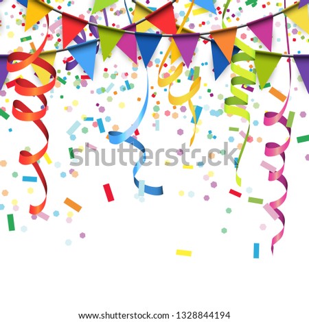 vector illustration of colored confetti, garlands and streamers on white background for party or carnival usage