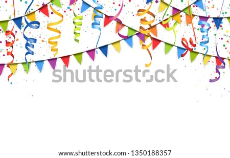 vector illustration of colored confetti, garlands and streamers on white background for party or carnival usage