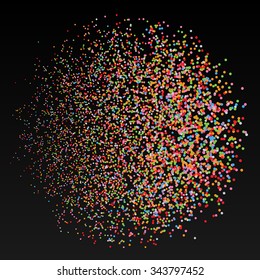 Vector illustration of colored confetti. Lots of colored dots on a dark background. Powdered colored trail.