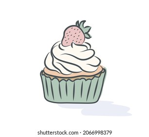 Ilustración vectorial. Pastel de colorido con fresas. Dibujo delicado en colores delicados para la carta, tentempiés dulces. Contornos oscuros.