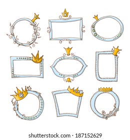 Vector illustration. colored doodle - set of frames, ribbons and crown on a white background