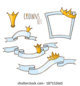 Vector illustration. colored doodle - set of frames, ribbons and crown on a white background