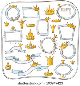 Vector illustration. colored doodle - set of frames, ribbons and crown on a white background