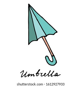vector illustration colored doodle Umbrella. Hand drawn vector doodle logo. Autumn illustration with colorful umbrella. Hand lettering. Isolated on white background. wooden curved handle. cane form