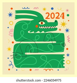 Vector illustration with colored dragon, stars and abstract elements. Chinese New Year 2024 symbol, year of the dragon, calendar print poster