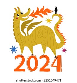 Vector illustration with colored dragon, stars and boy silhouette. Chinese New Year 2024 symbol, year of the dragon, calendar print poster