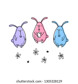 Vector illustration of colored Easter Bunnies. Doodle style.