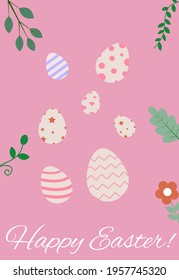 Vector illustration with colored eggs and plants for Easter. Creative idea for greeting cards.