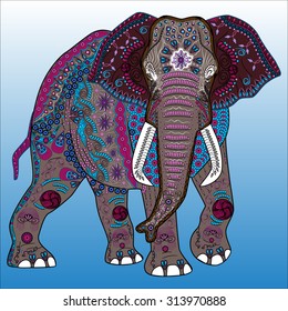 Vector Illustration Of The Colored Elephant In Zentangle Style