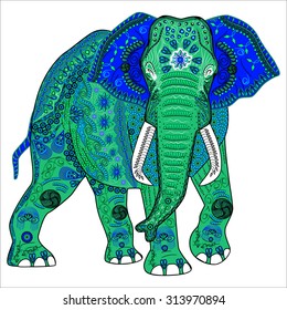 Vector illustration of the colored elephant in zentangle style