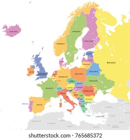 Vector illustration of a Colored Europe map with colored european countries and grey extraeuropean countries