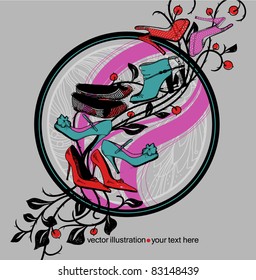 vector illustration of colored fashion shoes and abstract plants with red berries