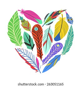 Vector illustration with colored feathers shaped on cute heart.