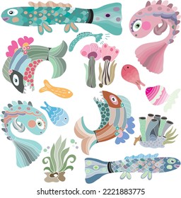 Vector illustration of colored fishes. Suitable for children's creations, books, design of children's goods or for children's magazines. For children's textiles pattern creation. 