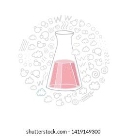 Vector illustration with a colored flask and doodles.