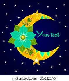 Vector illustration colored flowers Beautiful Deco Moon, Patterned Design Element, Ethnic Amulet, Tattoo starry sky star romance poster card fairy tale banner art