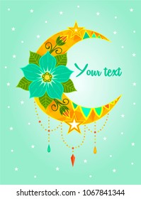 Vector illustration colored flowers Beautiful Deco Moon, Patterned Design Element, Ethnic Amulet, Tattoo starry sky star romance poster card fairy tale banner art wedding card
