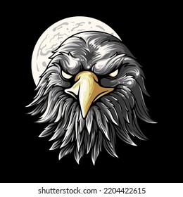 Vector Illustration Colored Front View of the Eagle Head With Moon Background vintage illustration