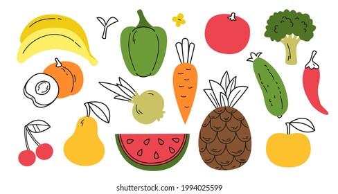 Vector illustration of colored fruits and vegetables in flat style with partial drawing. A set of vegetables and fruits. Vegetarian food